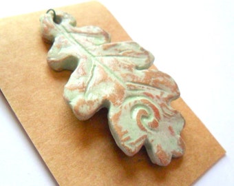 Rustic Distressed Green Glaze over Terra Cotta Kiln Fired Oak Leaf Pendant Finding