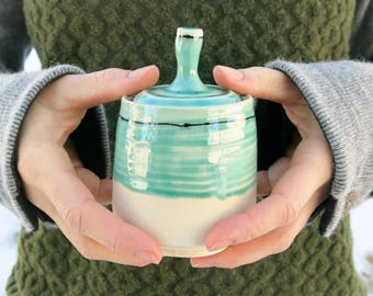 Ceramic Mini Jar in Aqua Green and White Porcelain Container Vessel One of a Kind Home Decor, Handmade Artisan Pottery by Licia Lucas Pfadt