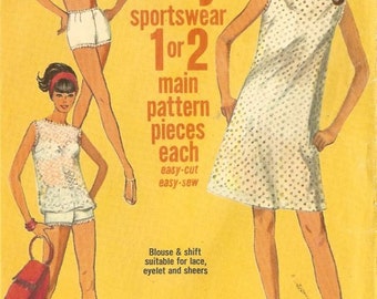 1960s Shift Dress Beach Coverup Shorts Pattern Simplicity Jiffy Pattern 6020 B32 Sz 12