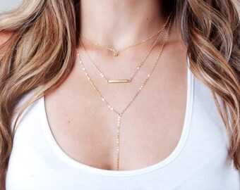Triple Layered Necklace, Silver Layered Necklace Set, Layer Necklace Set, Gold Necklace Set, Bar Necklace, Lariat Y Necklace, 3 Necklace Set