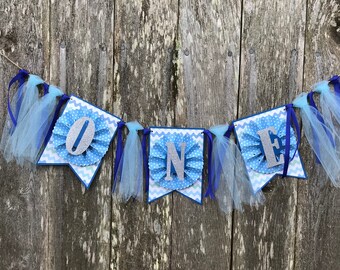 First Birthday Banner, One, Boy, Tulle, Silver, Blue