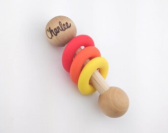 Personalized Soft Rattle | Silicone and Wood Toy | Personalized Wood Baby Toy | Custom Baby Gift | Silicone Sensory Toy | Red Orange Yellow