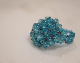 Beadwork Beaded Ring, Blue Beaded Ring, Glass Crystal Ring, Non Metal Ring Jewelry, Size 7 1/2 Ring, Large Ring Size, Gift For Her, OOAK