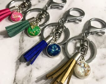 Silver Keychain, Silver Tassel Keyring, Silver Tassel Keychain, Gold Foil Keychain, Boho Tassel Key Chain