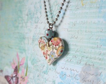 Ceramic Heart Necklace, Handmade from Porcelain Clay, Pale Pink with Painted Flowers and Bumble Bee