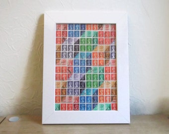 Geometric Rainbow Wall Art | Multicolour Boxes Cubes Optical Illusion | Upcycled British Postage Stamp Art Collage | Framed Retro Office Art