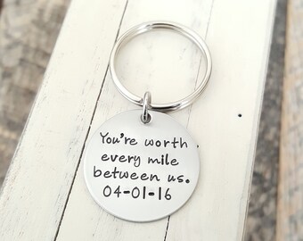 Long distance relationship keychain hand stamped You're worth every mile between us
