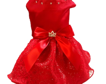 Red Satin and Hearts Dog Dress, Dog Clothing, Dog Wedding Dress, Pet Clothing