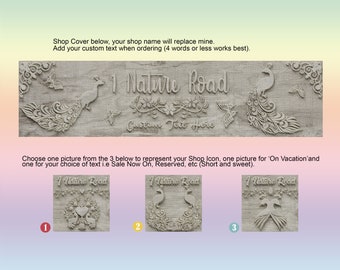 Peacock Etsy Shop Cover Banner & Profile Photo Set, Personalized, Custom Made, Embossed Peacocks Rustic Wood - Theme 007