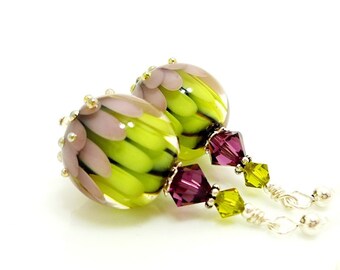 Purple Green Earrings, Lampwork Earrings, Glass Bead Earrings, Unique Earrings, Glass Art Earrings, Lotus Flower Earrings, Dangle Earrings