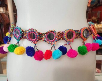 Ethnic belt with mirrors and pompoms or rattles, Boho belt, hippie belt