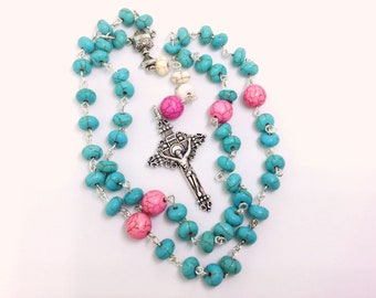 Lutheran Prayer Beads — Turquoise, Pink, & White Magnesite — 5 Decades
