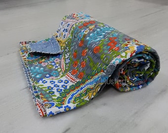 Reversible Kantha Quilt Handmade Vintage Throw Bohemian blanket Indian Bedspread Coverlet Gudri