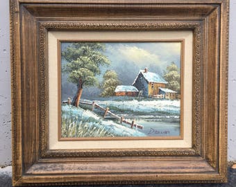 Vintage Rustic Barn Oil Painting of a Winter Scene in Wooden Frame Signed by Artist Deacon
