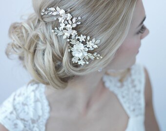 Silver Floral Bridal Clip, Floral Bridal Hair Clip, Flower Wedding Hair Comb, Bridal Hair Accessory, Floral Wedding Headpiece ~TC-2274