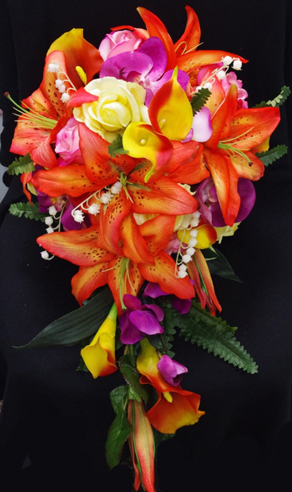 Wedding tropical orange yellow and fuchsia natural touch silk