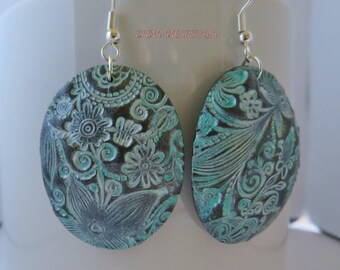 Floral Polymer Clay Earrings, Dangle Earrings, Antiqued earrings
