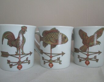 Vintage MUG SET Weathervane Rooster Fish Bird 4 SHAFFORD 1981 Weather Vanes Porcelain