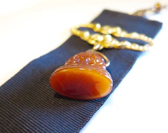 Carnelian Glass Fob Intaglio Watch Chain Grosgrain Ribbon 1880s
