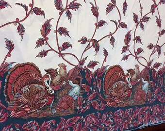 Vintage Thanksgiving Turkey and Chickens Table Cloth large rectangular 90 x 57