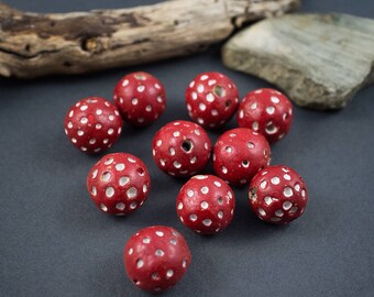 6 pcs - perle africaine ancienne - perle ronde en terre cuite rouge motif pois blancs - 15mm