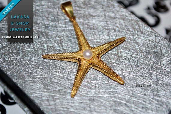 Freshwater Pearl Sea Star Fish Sterling Silver Gold plated Pendant Jewelry Unisex Marine Hope Freedom Greek Summer Greece Seestern Starfish