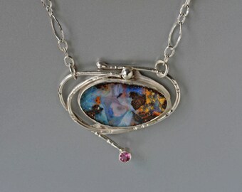 Large Opal Pendant Necklace, Australian Boulder Opal Necklace, Multi Color Opal, Statement Necklace, Natural Opal, Artisan Made, October