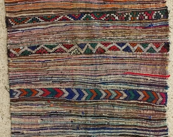80"x53" Vintage Moroccan Rug Woven By Hand From Scraps Of Fabric / Boucherouite / Boucherouette