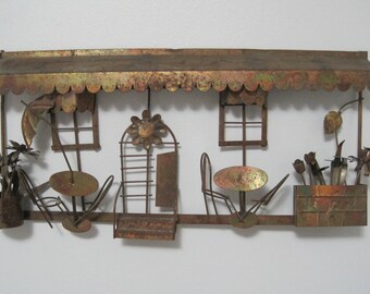 Metal Wall Sculpture, Cafe Scene, Mid Century, C. Jere Inspired, Vintage