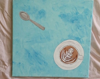 Latte and Spoon; Acrylic on12x12" Canvas