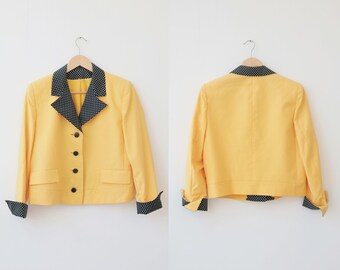1980's Vintage Cropped Jacket, Honeycomb Yellow Crop Jacket with Polka Dot Detail