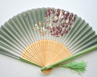 Silk Green Sakura and butterfly Hand Fan with sleeve -Handheld Folding Fan, Japanese Hand Fan,folding fan,Cherry blossom