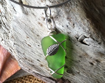 Green Sea Glass with Leaf Necklace
