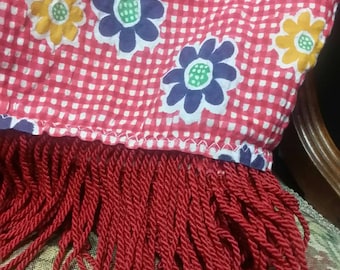 Retro Red Checked Flowered Tablecloth with Tassles
