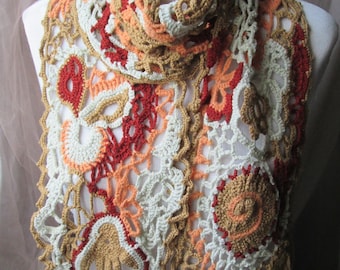 Crochet scarf, Freeform Crochet Scarf ,Neck Warmer fall colours,Chic, Boho, Hippie, Gypsy Freeform Crochet Scarf ,Wearable Art,Art scarf