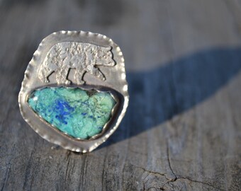 Bear Ring With Chrysocolla Nature Inspired Oxidized Sterling Silver Ring Size 7 1/2