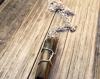 Tiger Eye Raw Crystal Wire Wrapped on a Silver Plated Necklace 18 inches, tiger eye Necklace, Crystal Necklace, Wire Wrapped Necklace