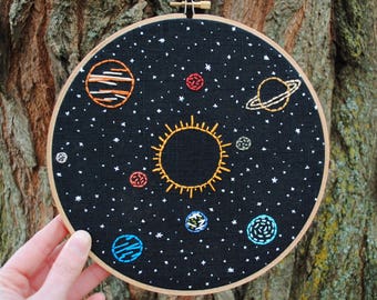 Solar System Embroidery Art - 8" hoop, Sun and planets in orbit, stars, hand stitched space wall art