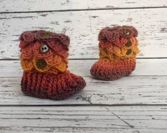 6-12 Month Baby Booties, Rainbow Slipper Boots, Crochet Crocodile Booties, Ready To Ship