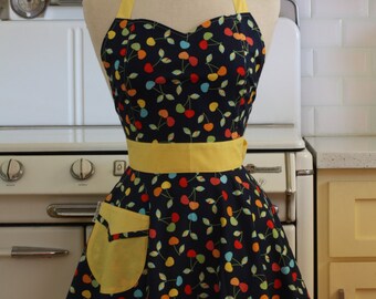 Retro Full Apron Cherries on Navy - BELLA
