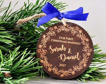 Our First Christmas Married Ornament Couple Christmas Ornament Personalized Christmas Ornaments Rustic Wedding Gift Newlywed Just Married
