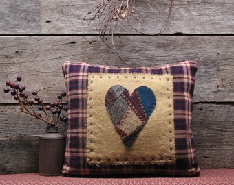 Primitive Stitchery Pillow, Patchwork Tweed Heart, Primitive Decor