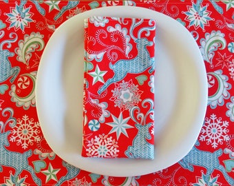 Christmas Reindeer Napkins (4) with Snowflakes and Peppermint in Aqua Blue, Red and White, Contempo Nordic Holiday, Large Dinner Napkins