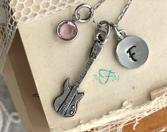 Electric Guitar Charm Necklace, Personalized Necklace, Silver Pewter Guitar Charm, Custom Necklace, Swarovski Crystal birthstone, monogram