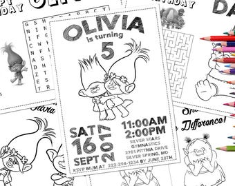 Trolls Coloring Pages, Trolls Birthday Party favor, Trolls Party Activity, Trolls Movie Personalized Coloring