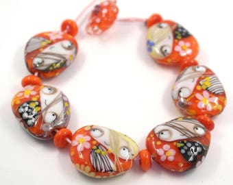 Lampwork bead set , orange handblown glass beads , craft , artisan , ooak sra
