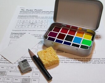 MINI WATERCOLOR PALETTE kit with artist-grade paints in full color spectrum ~ compact ~ portable ~ travel sketch box ~ altoids-style tin