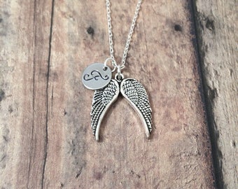 Angel wings initial necklace - angel wings jewelry, memorial necklace, silver angel wings pendant, memorial jewelry, religious necklace