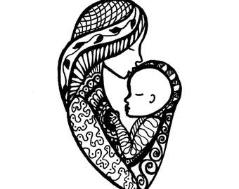 Kiss, Instant Digital Download of Original Pen Drawing. Illustration, Motherhood Art, Mother and Baby Art, Zentangle, Mother's Love, Parent