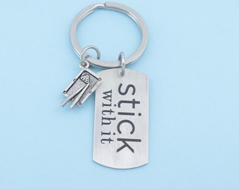 Billiards keychain with pool table and dog tag that says: Stick With It. Billiards gift. Pool table gifts. Pool player gifts.